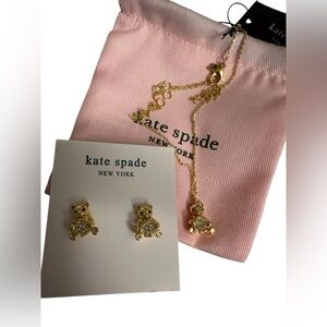 Kate Spade Bundle Oh What Fun Spade Teddy Bear Necklace & Earrings NWT + pouch